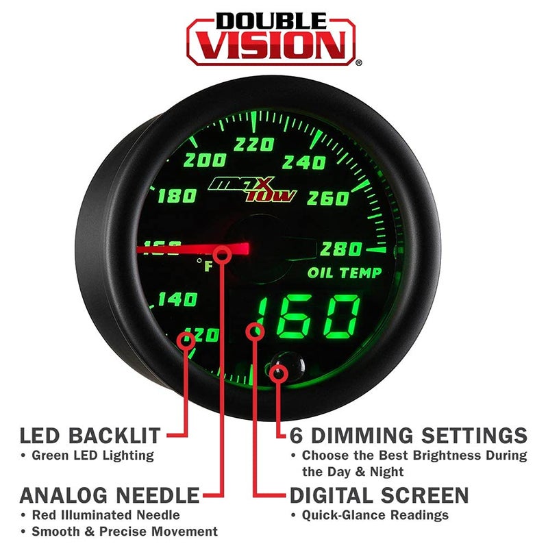 MaxTow Double Vision 280 F Oil Temperature Gauge Kit - Includes Electronic Sensor - Black Gauge Face - Green LED Illuminated Dial - Analog & Digital Readouts - for Trucks - 2-1/16" 52mm - Image 4